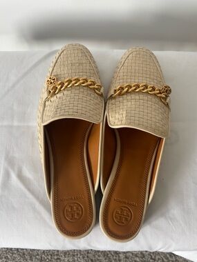 Tory Burch Cream Woven Leather Chain-Trim Mule